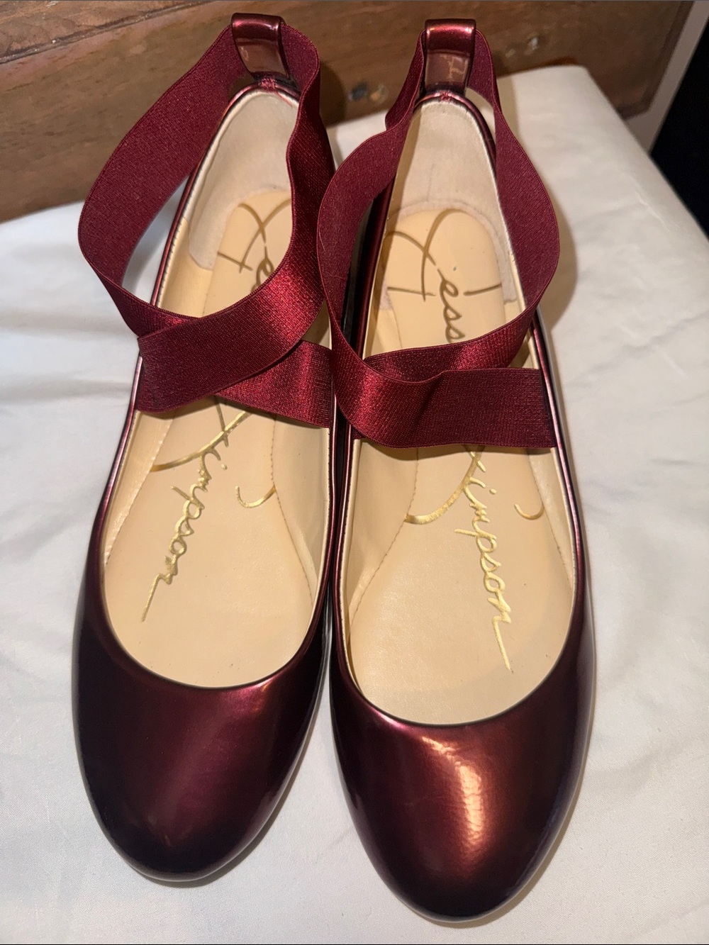 Jessica Simpson Metallic Burgundy Satin Elastic-Strap Flats